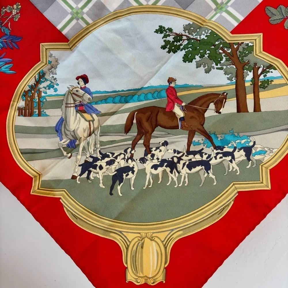 GUCCI Vintage Silk Scarf 34” Red Equestrian Hunting Print Italy